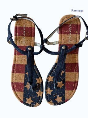 Rampage Pashmina Thong Sandals 9.5M Patriotic Stars Stripes Cork Look